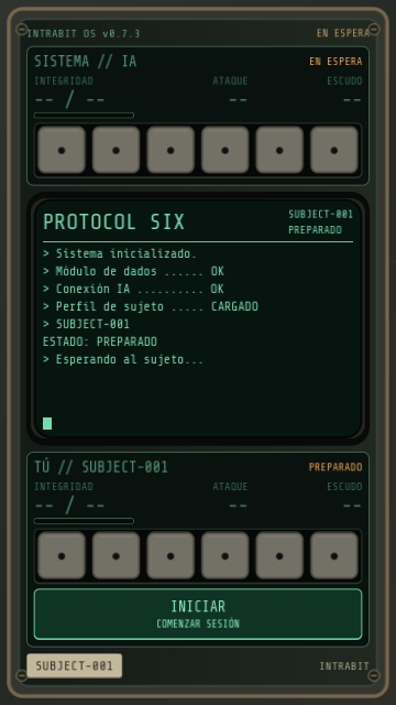 Actual PROTOCOL SIX prototype menu: a vertical machine with dice and a green terminal.