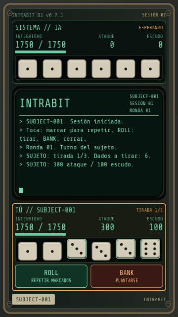 Actual player-turn screenshot, showing attack and shield dice and terminal messages.